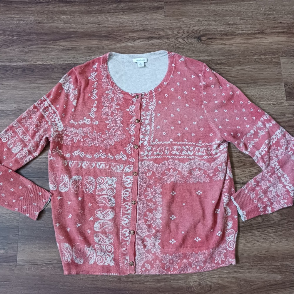 Sundance Coral Pink Bandana Patchwork Paisley Cardigan Sweater XL Wool Blend